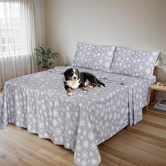 RUVANTI Flannel Sheets King Size - 100% Cotton Brushed King Size Sheets Set - Deep Pockets 16 Inches Bed Sheets - All Seasons Breathable & Extra Soft - Warm & Cozy, 4 Piece, Snowflakes