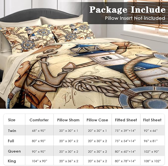 Comforter Set Twin Size, Retro Nautical Lighthouse Map 5 Pcs Bedding for Kids and Adults, Vintage Anchor Beige Bed Sheet Sets with Fitted Sheet Pillowcase & Sham for Bedroom Bed Decor