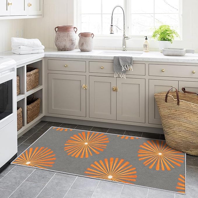 Mid Century Modern Runner Rug 4x8, Sunburst Starburst Design, Retro Geometric Area Rug, Washable Non-Slip Floor Carpet Runner for Bedroom, Dining Room, Living Room Aisle