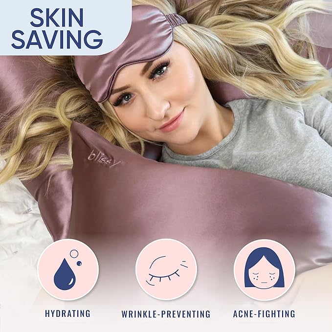 Blissy Silk Pillowcase - 100% Pure Mulberry Silk - 22 Momme 6A High-Grade Fibers - Silk Pillow Cover for Hair & Skin - Regular, Queen & King (Plum, Queen)