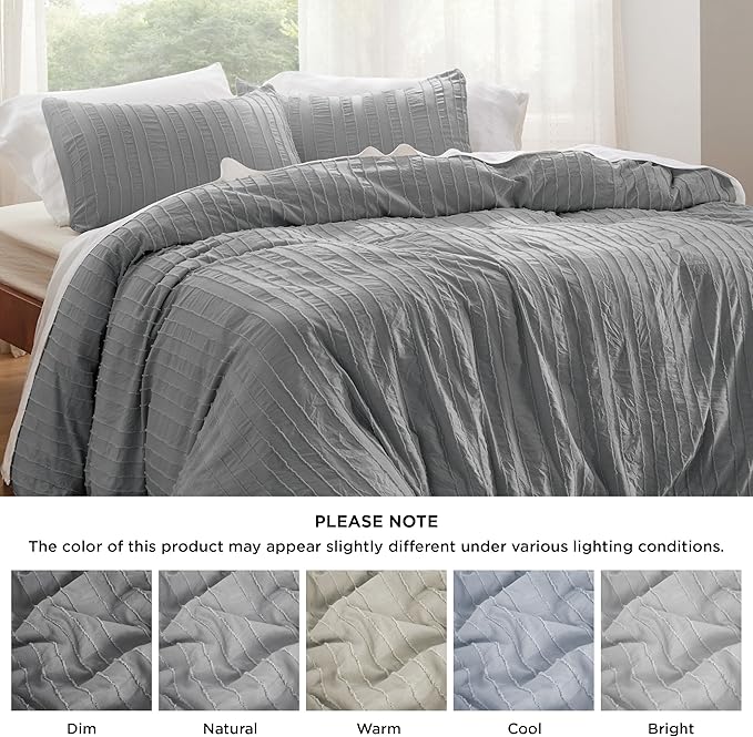Bedsure Striped Boho Duvet Cover King Size - Shabby Chic Tufted Boho Bedding Set, 3 Pieces Shabby Chic Home Bedding for All Seasons, Includes 1 King Duvet Cover & 2 Pillowcases (Grey, 104" x 90")
