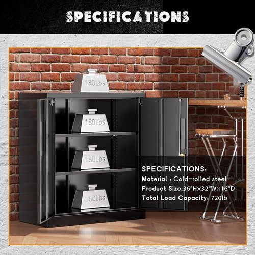 Greenvelly Metal Storage Cabinet - Lockable 36” Utility Cabinet with Doors & Shelves | Black for Office & Garage