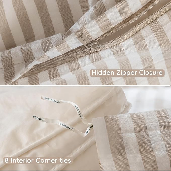 MooMee Striped Duvet Cover Set 100% Washed Cotton Linen Like Textured Breathable Durable Soft Comfy (Tannish Linen Grey White Classic Stripes, Palatial King/Oversized King 120"x98")
