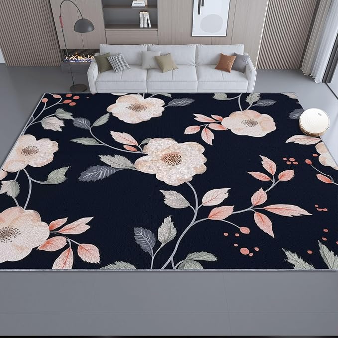 Area Rugs for Living Room, 3x5 Washable Rug Black Soft Low Pile Non-Slip Carpet Stain Resistant Carpets for Bedroom Dining Room Farmhouse Nursery, Retro Branches and Leaves Elegant Flowers