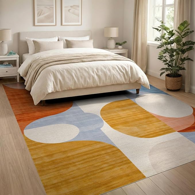 Flatwoven High Traffic Area Rug 8x10, Mid Century Modern Abstract with Fluid Lines and Symmetrical Ovals, Non Slip, Stain Resistant, Washable Area Rugs for Living Room, Bedroom (Orange, 8x10)