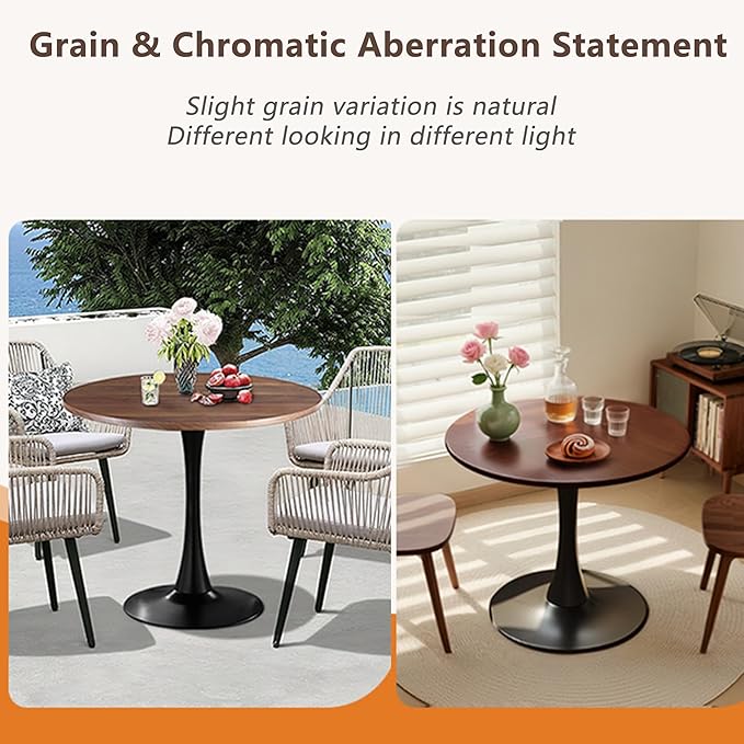 24" Tulip Table for 1-2 Persons Modern Round Dining Room Table, Mid-Century Modern Walnut Small Kitchen Table with MDF Wooden Top, Leisure Coffee Table for Living Room, Dining Room, Office