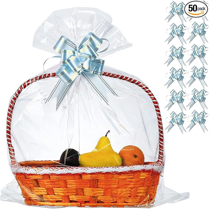 50 Packs 32 x 40 Inches Extra-large Cellophane Bags for Basket Jumbo Clear Cellophane Wraps Clear Huge Cello Bags for Baskets, Gifts, Christmas Trees, Treats, Arts and Crafts, 50ct Ribbon Bows
