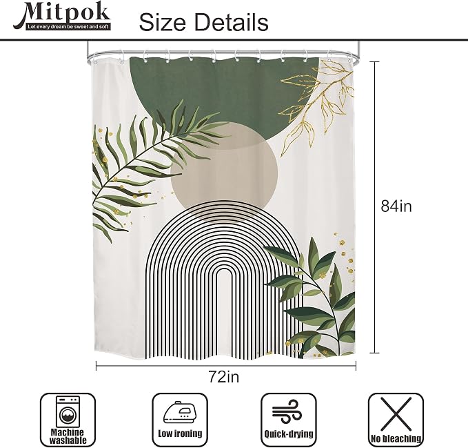 Green Boho Shower Curtain Extra Long Modern Abstract Bohemian Green Gold Minimalist Leaves Mid Century Arch Bathroom Decor Geometric Plant 72Wx84H Bath Curtain Fabric Polyester 12 Pack Hooks