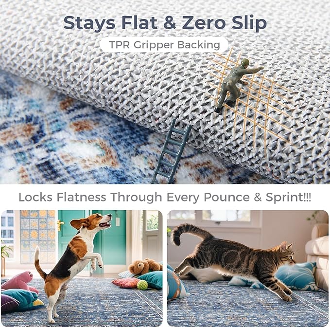 OPPODREAM Vintage Blue Round Rug 3ft, 3 ft Retro Washable Circle Rug Non Slip, Low-Pile Faux Wool Circular Carpet, Distressed Navy Floor Mat for Living Room, Bedroom, Office, Dorm, Dinning Room