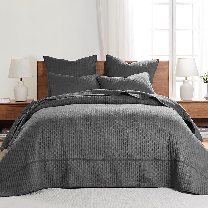 Levtex Home Cross Stitch Reversible King Bedspread Set (120x104in) with 2 Pillow Shams (36x20in) - Stitch Texture - Charcoal - Cotton King Size Bedspread Set - Soft, Pre-Washed