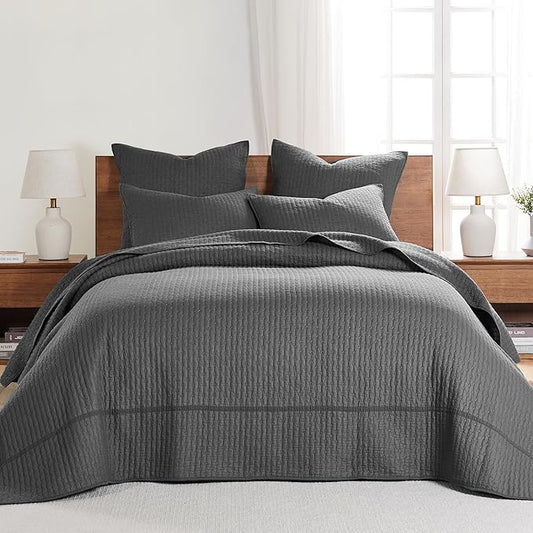 Levtex Home Cross Stitch Reversible Full Bedspread Set (100x104in) with 2 Pillow Shams (26x20in) - Stitch Texture - Charcoal - Cotton Full Size Bedspread Set - Lightweight, Soft, Pre-Washed