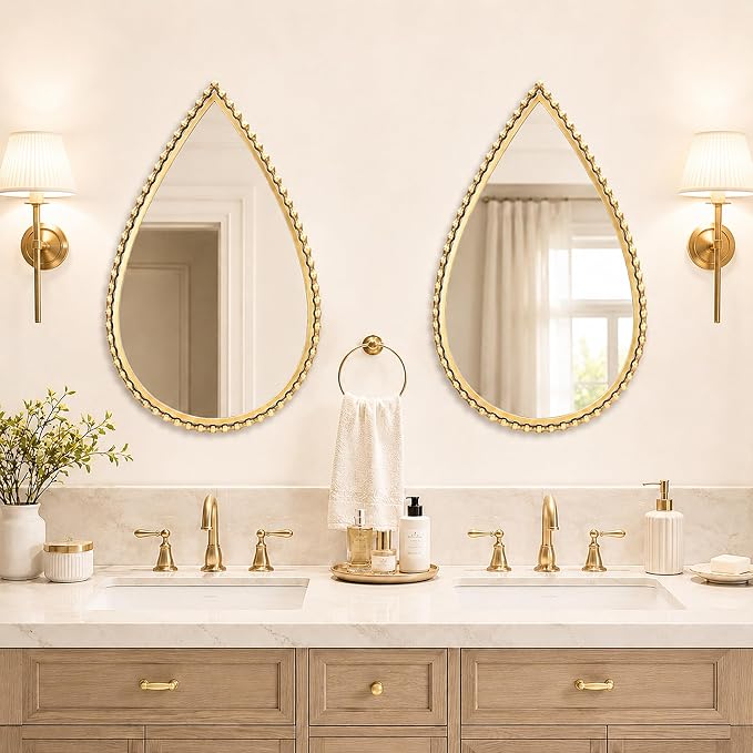24x36 Inch Large Teardrop Wall Mirror with Bold Antique Gold Beaded Iron Metal Frame, Pointed Arch Vertical Vanity Mirror for Bathroom, Entryway, Bedroom, Living Room Wall Mounted