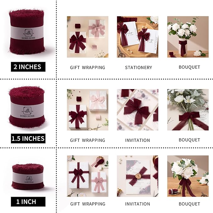 DORIS HOME Burgundy and Pink Chiffon Ribbon for Flower Bouquet, 1" x21Yd Fabric Ribbon for Gift Wrapping, Handmade Frayed Ribbon for Wedding Invitations/Christmas Decorations
