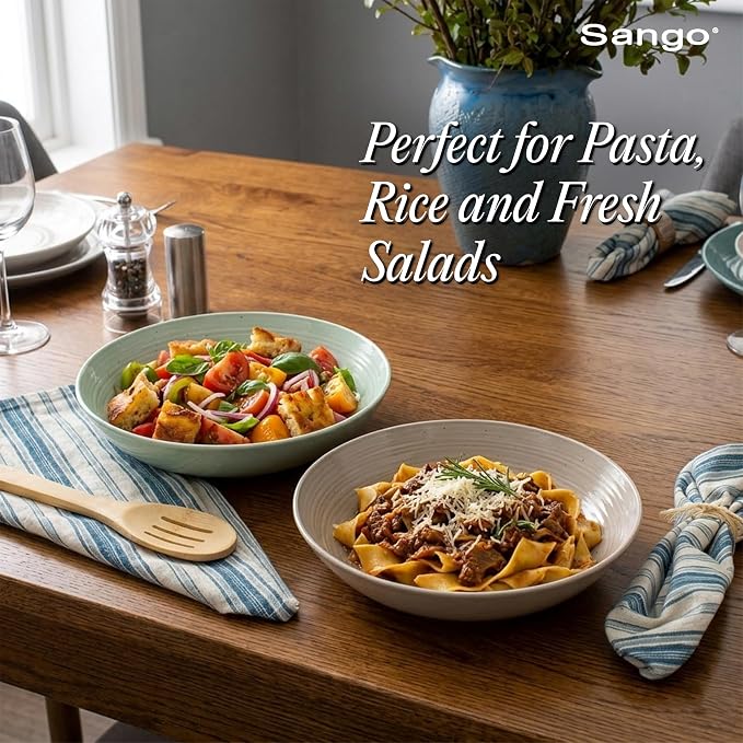Sango Siterra Artist's Blend Stoneware Pasta Bowls (Set of 4) Multi Assorted Colors– Featuring Soft Gray, Blue, Green, and Ivory, for Everyday Dining & Entertainment, Microwave & Dishwasher Safe