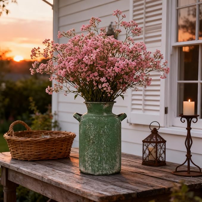 Rustic Vintage Metal Flower Vase for Decor Milk Jug Small Vases for Flowers Kitchen Decorations, Cylindrical,Perfect for Kitchen, Dining Room, Living Room,Housewarming Gift(Green)