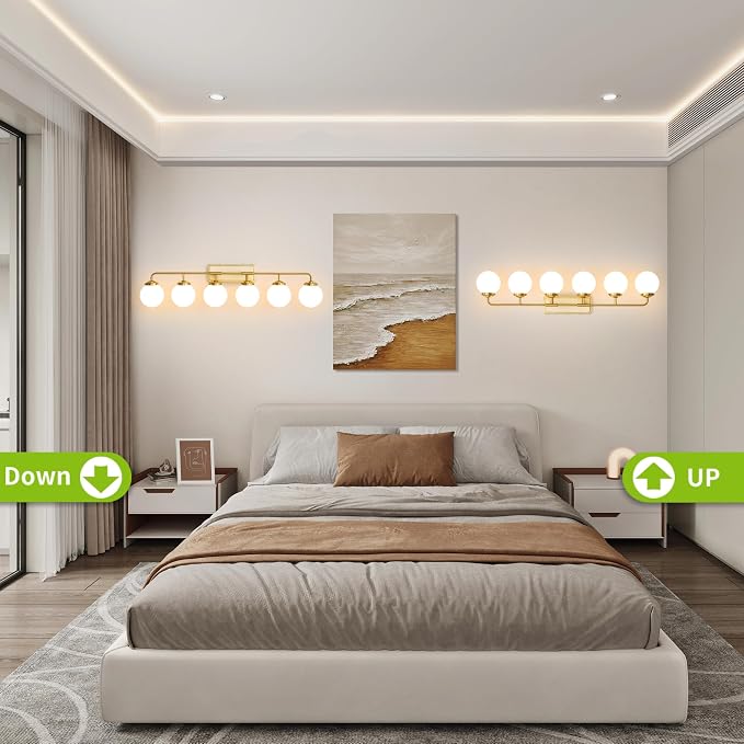 Bathroom Light Fixtures Gold Vanity Lights Over Mirror, Modern Wall Sconce Lighting 6-Light with White Glass Globe Shade