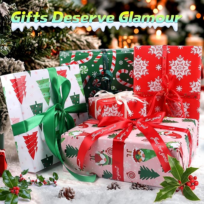 Panigkids Christmas Wrapping Paper 4 Rolls with Santa Claus, Snowflakes, Candy, Pine Designs, for Men Women Kids, 16.9 In x 16.4 Feet, for Christmas, Holiday, Party Celebration