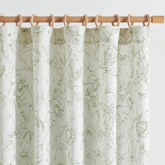 jinchan Floral Curtains 90 Inch Length Sage Green Flower Linen Farmhouse Curtain for Living Room French Country Vintage Curtain Rod Pocket Curtains Set 2 Panels Floral Printed