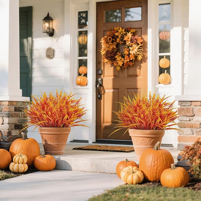 Ouddy Decor 24 Bundles Artificial Fall Flowers for Decorations, Fake Mums Faux Lavender Monkey Grass Plastic Plants UV Resistant for Garden Porch Farmhouse Autumn Harvest Thanksgiving Decor, Orange