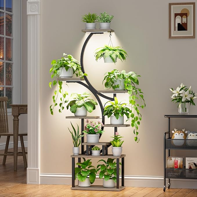 Plant Stand with Grow Lights for Indoor Plants, 8-Tiered Tall Corner Plant Shelf with Full Spectrum Light, S-Shaped Space-Saving Narrow Flower Holder, Anti-Tip for Living Room Bedroom Office, Grey