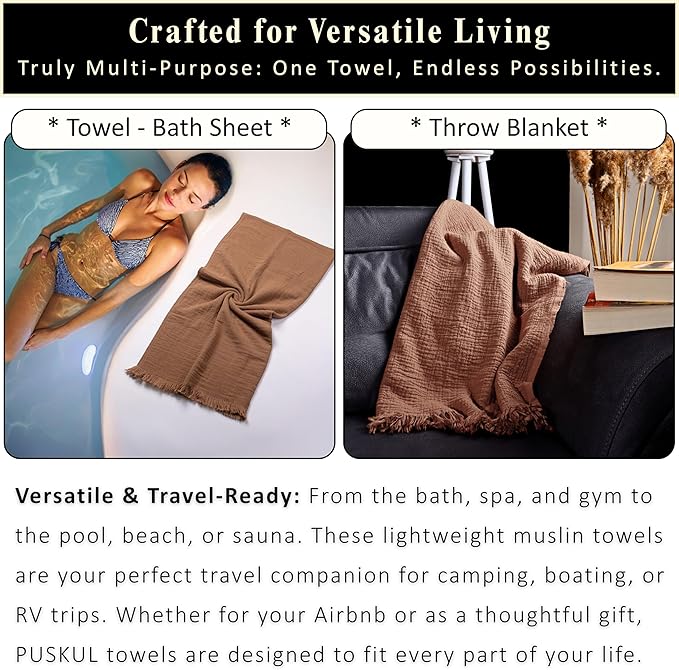 PÜSKÜL - Premium 2-Piece Oversized Muslin Bath Towel for Adult 35x70 Extra Large Bath Sheets | Natural 100% Turkish Cotton Soft Absorbent Quick-Dry Light Spa & Beach Towels (Pack of 2, Rust Brown)