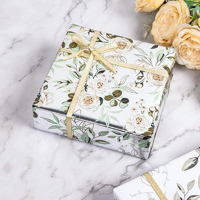Altarho Wedding Wrapping Paper Roll - 17 Inch x 33 Feet - Silver White Floral with Metallic Foil Design Perfect for Mothers Day Wedding Bridal Shower Spring Birthday Summer