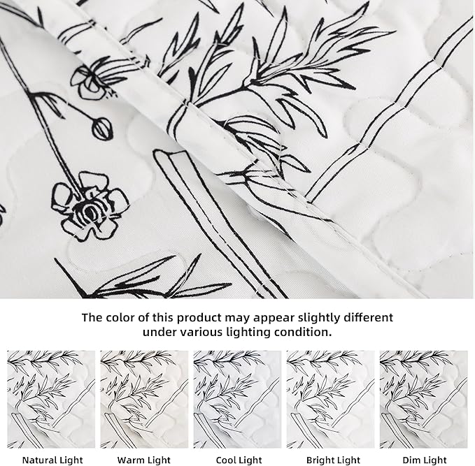 JANZAA Quilts Queen Size White Floral Bed Spread with Black Botanical Pattern Boho Queen Quilt Bedding Set Soft Lightweight Microfiber All Season (2 Pillow Cases)