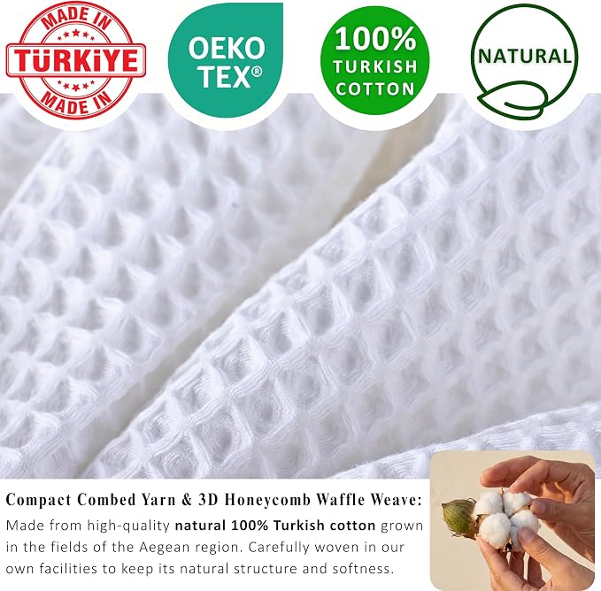 PÜSKÜL 4-Piece Natural 100% Turkish Cotton Luxury Waffle Towels for Bathroom | Premium Quality Honeycomb Weave 2 Hand Towel & 2 Bath Towel Set | Soft Absorbent Quick-Dry Lightweight Towels (White)
