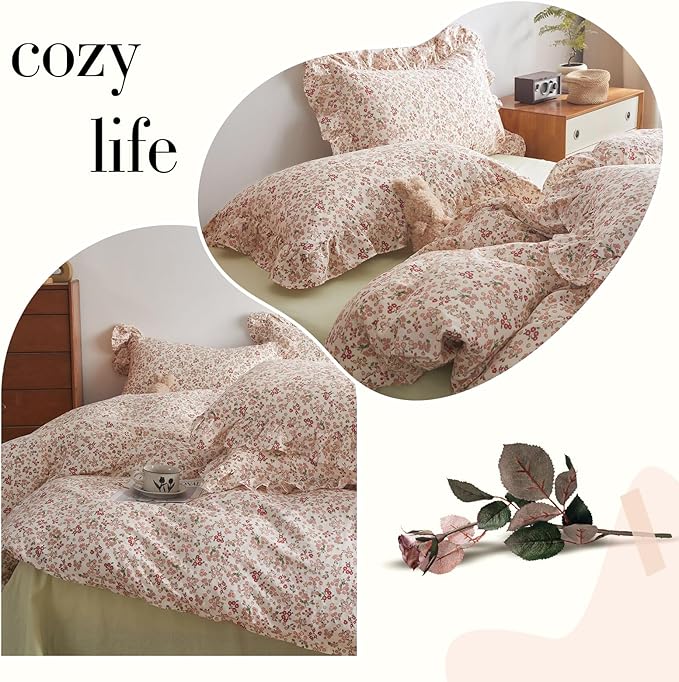 VM VOUGEMARKET Red Flower Comforter Set Queen Aesthetic Bedding Set Garden Style Blooming with Ruffle Pillow Shams for Teen Girls Bed in a Bag Flurry Comforter Set-90x90 Inch