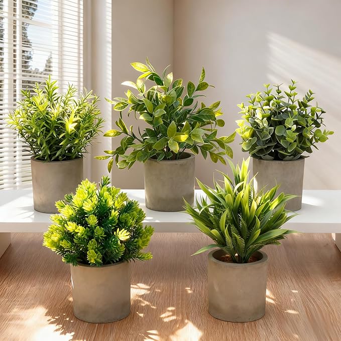 Artificial Potted Plants Set of 5, Realistic Faux Greenery in Cement Pots for Home Office Desk Bookshelf Decor, Small Fake Plants for Indoor Tabletop Decoration