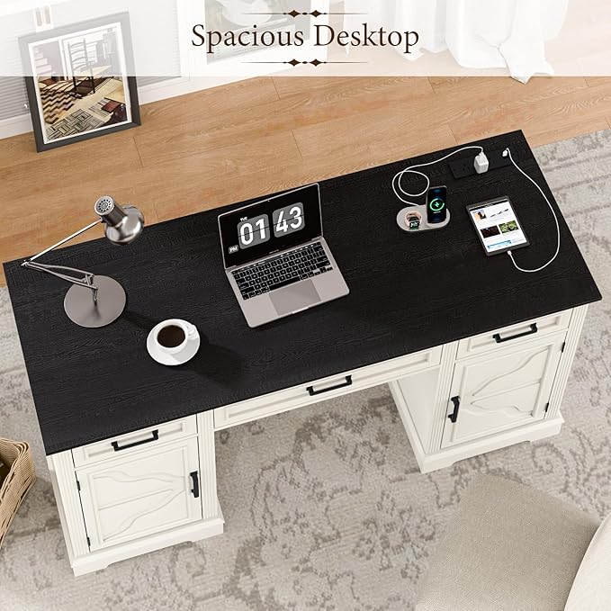 Vabches Computer Desk with File Drawer,Rustic Executive Desk with Drawers Wood Office Desk with Ample Storage Drawers,Farmhouse Large Home Wrting Desk with Drawers for Bedroom,White