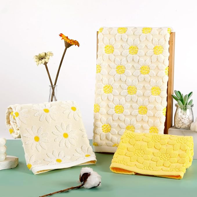 Quera 2 Pack Hand Towels Spring Summer White Yellow Flower Sunflower Farmhouse Cotton Bathroom Decorative Towels Set for Drying, Cleaning, Cooking, Holiday 13.7'' x 29.5''