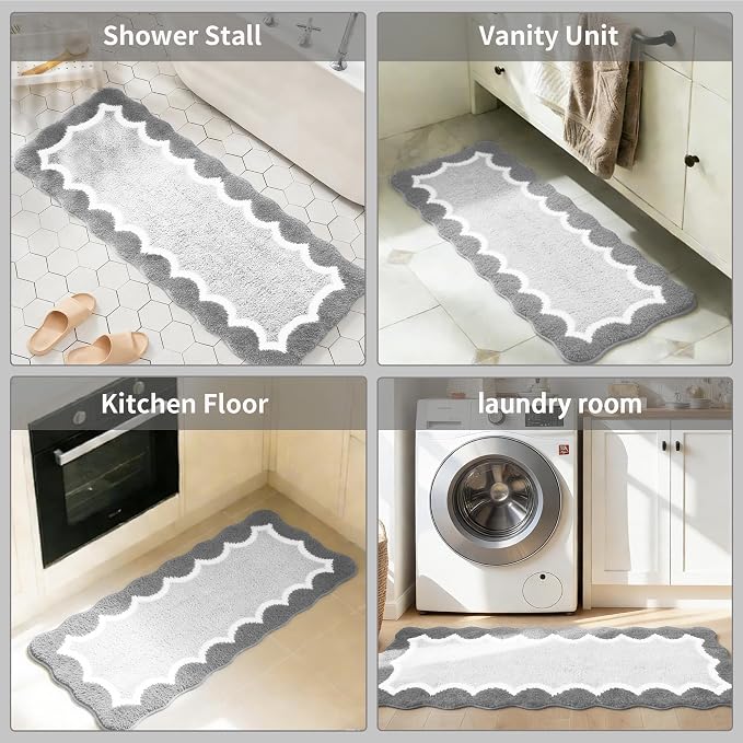 Scalloped Grey Bathroom Rugs Mat,Non Slip Absorbent Quick Dry Bath Mats for Shower Room,Plush Microfiber Bath Rug for Bathroom Floor Washable Carpet for Shower Tub Sink Bedroom,17"x47"