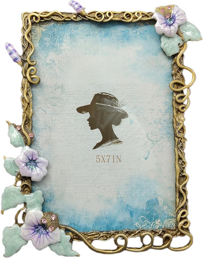 Vintage Floral Picture Frames Luxury Unique Ornate Antique Metal Photo Frame of HD Glass for Tabletop/Wall Display Gifts for Women (Retro Purple Flower, 5X7)