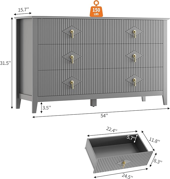 GarveeHome Fluted Dresser for Bedroom, 54 Inch Wide 6-Drawer Wood Dresser, Modern Chest of Drawers, Storage Organizer Cabinet for Living Room, Hallway, Entryway, Grey