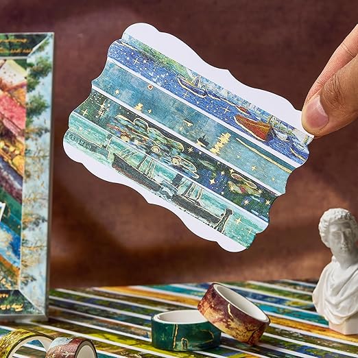 YUBX Landscape Washi Tape Set in Oil Painting Style 20 Rolls Scenery Drawing Masking Gold Foil Graphic Decorative Tapes for Arts, DIY Crafts, Journals, Planners, Scrapbook, Wrapping (Colourful)