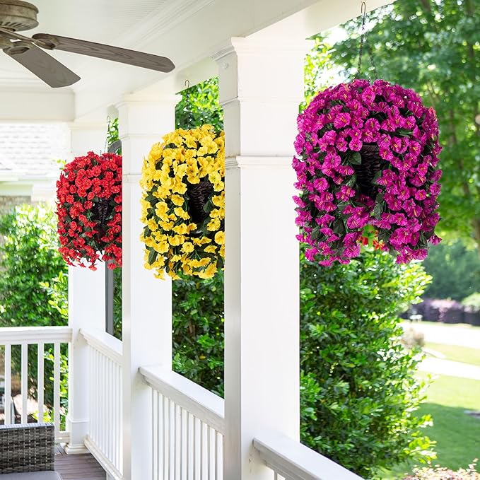HyeFlora Artificial Fake Hanging Flowers Plants Baskets for Outdoor Outside Decoration, Faux Silk UV Resistant Realistic Fuchsia Morning Glory Planter for Home Porch Patio Balcony Garden Yard