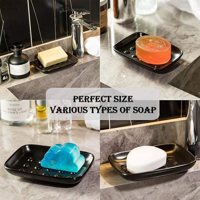 Miamolo Soap Dish, Ceramic Soap Holder Shower Soap Dish for Bar Soap Sponge, Soap Saver Tray for Bathroom Kitchen Sink, Black (Pack of 2)
