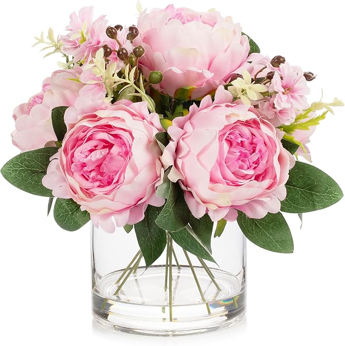 ENOVA FLORAL Artificial Flower Arrangement with Vase,Mixed Artificial Fake Silk Peony Flower in Vase for Decoration Home Office, Wedding Centerpiece (Dark Pink01)