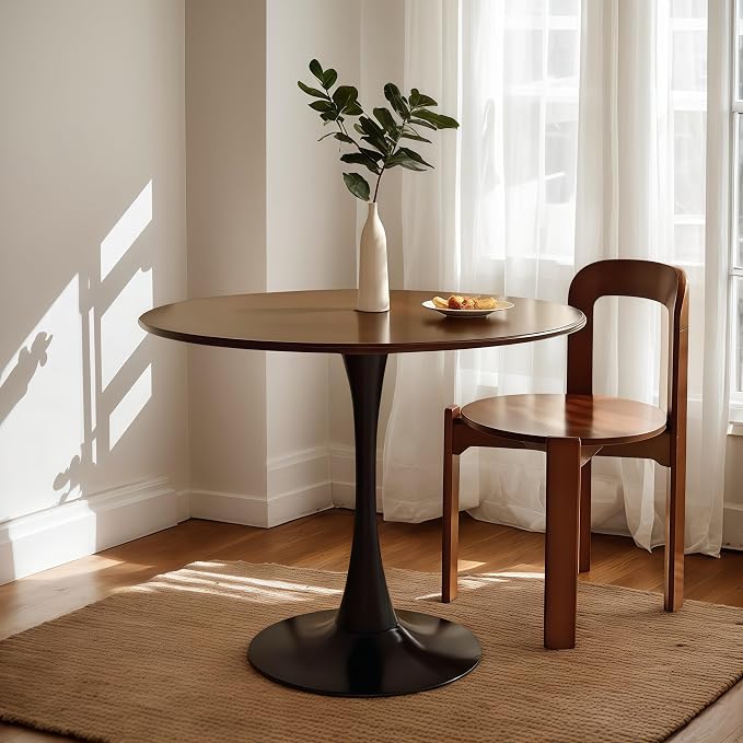 31.5" Tulip Table for 2-4 Persons Modern Round Dining Room Table, Mid-Century Modern Walnut Small Kitchen Table with MDF Wooden Top, Leisure Coffee Table for Living Room, Dining Room, Office