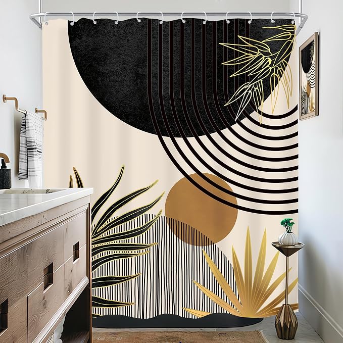 KOMLLEX Mid Century Black Gold Boho Shower Curtain 60Wx72L Inches Abstract Modern Green Shower Curtains for Bathroom Plant Botanical Minimalist Arch Sun Fabric Liner Waterproof Polyester 12 Pack Hooks