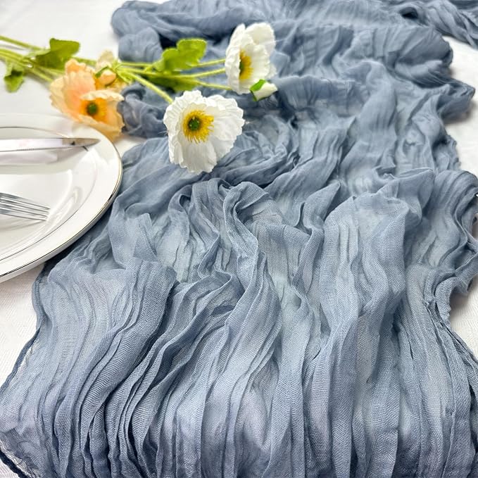 Booque Valley 6 Pack Dusty Blue Cheesecloth Table Runner 10ft Super Soft Boho Wrinkled Gauze Sheer Cloth for Baby Shower Baptism Birthday Party Wedding Centerpiece Table Decoration, 35x120 Inch
