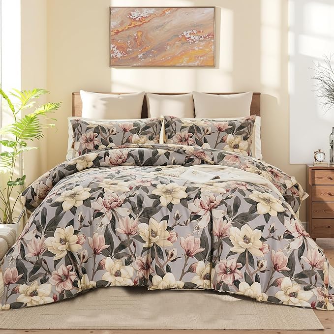 Bedding_Dreamer Floral Comforter Set King, 100% Cotton, Elegant Flowers Botanical Bedding Set Colorful Watercolor Cute Flower and Leaves Shabby Chic Cottage, 3 Pcs