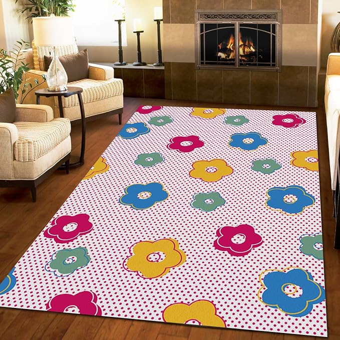 Cartoon Cute Flowers Area Rug, Pink Polka Dot Background Non Slip Decorative Rugs, Breathable Durable Carpet for Indoor Bedroom Living Room Sofa Office Floor Rug - 5 ft x 8 ft