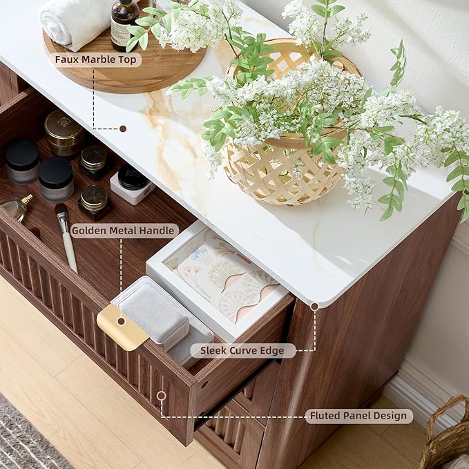 Fluted 6 Drawers Dresser for Bedroom - 54" Large Storage Dresser, Farmhouse Dressers with Faux Marble Top, Modern TV Stand & Chests of Drawers for Living Room Entryway,Walnut