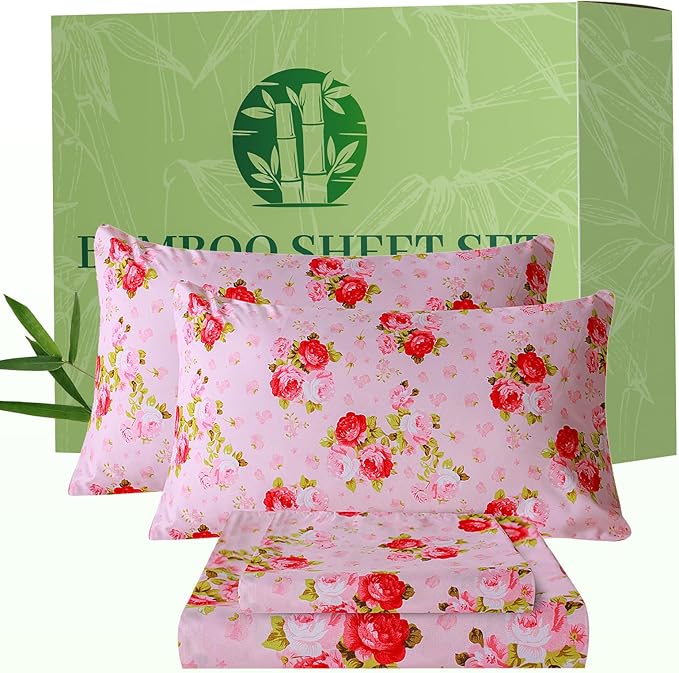 Bedlifes Extra Deep Pocket 18-24" Queen 4-Piece Sheet Set - Cooling Sheets Blend Rayon Derived from Bamboo Soft & Breathable,Featuring Pink Floral Red Rose
