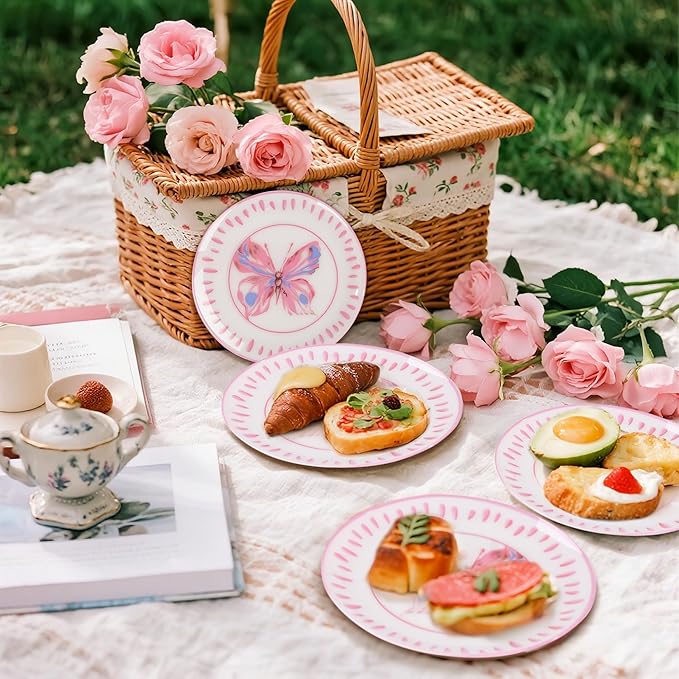 U-QE 20Pcs Pink Plastic Plates for Party - Pink Butterfly Plates Disposable Heavy Duty includes 7.5" Dessert & 10.25" Dinner Plates, Ideal Suitable for Baby Shower, Garden Gathering and Themed Event
