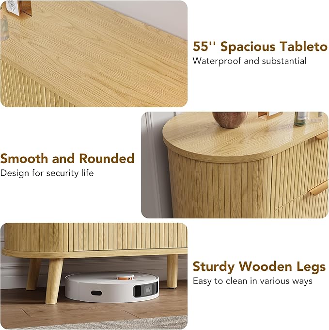 Fluted 6 Drawers Dresser, 55'' Wide Mid Century Modern Chest of Drawers with Sliding Door & Metal Handles, Curved Profile & Sturdy Legs, Wood TV Stand for Bedroom, Living Room (Natural Oak)