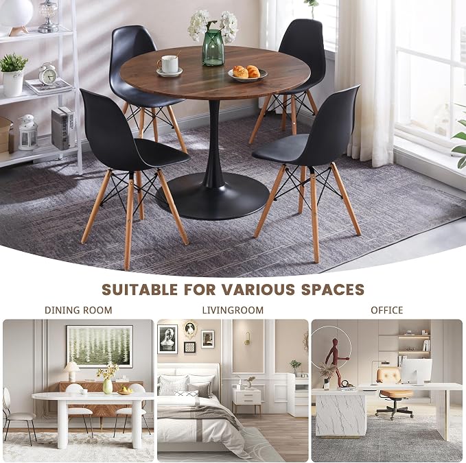 5-Piece Round Dining Table Set,42" Mid-Century Modern Kitchen Table with 4 Chairs,Tulip Pedestal Table & Solid Wood Legs,Space Saving Compact Furniture for Small Spaces Apartment Home,Walnut/Black