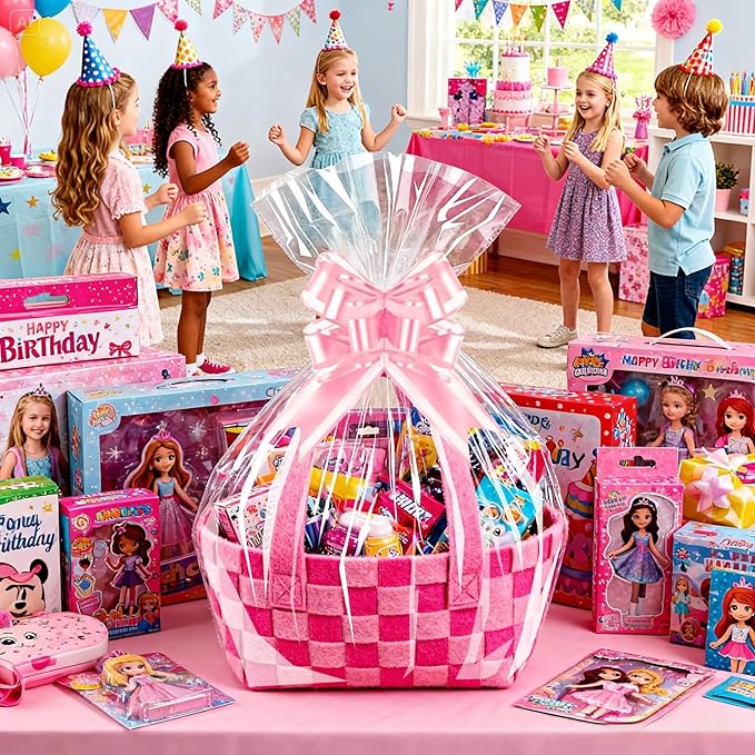 PigPotParty 24"x30" Clear Cellophane Gift Bags with Pink Bows – 10 Pack Large Cellophane Wrap for Gift Baskets, Plastic Gifts Bags for Baby Girl Shower, Birthday Party and Bridal Shower